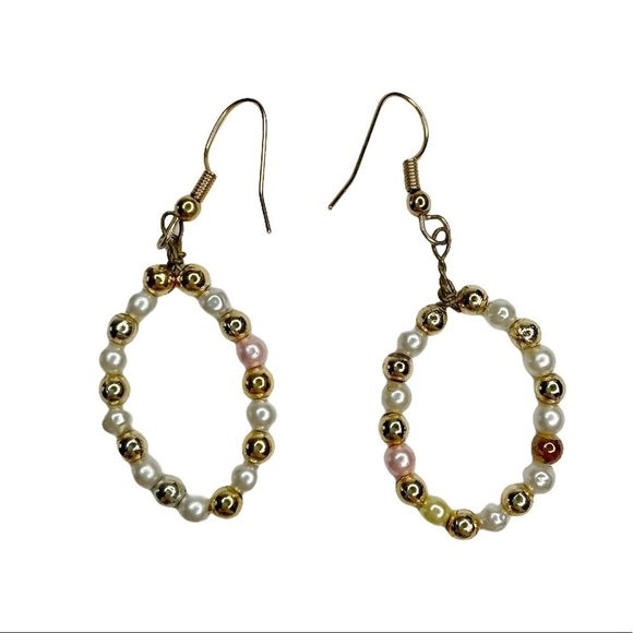 Mini Round Faux Pearl Oval Shaped Dangle Earrings - Picture 2 of 3